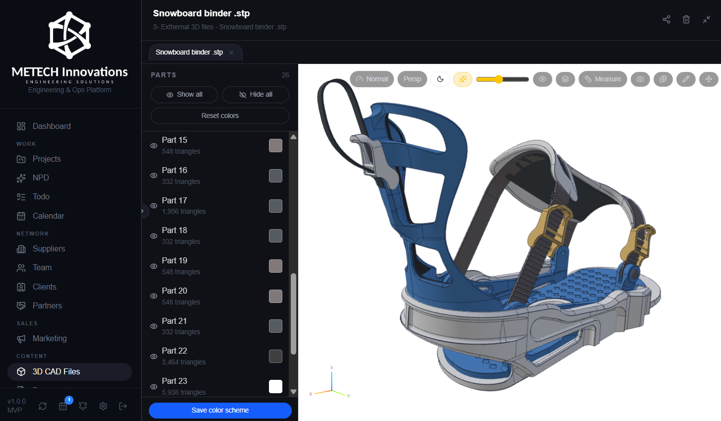 METECH Engineering Operations Platform displaying an interactive 3D CAD assembly